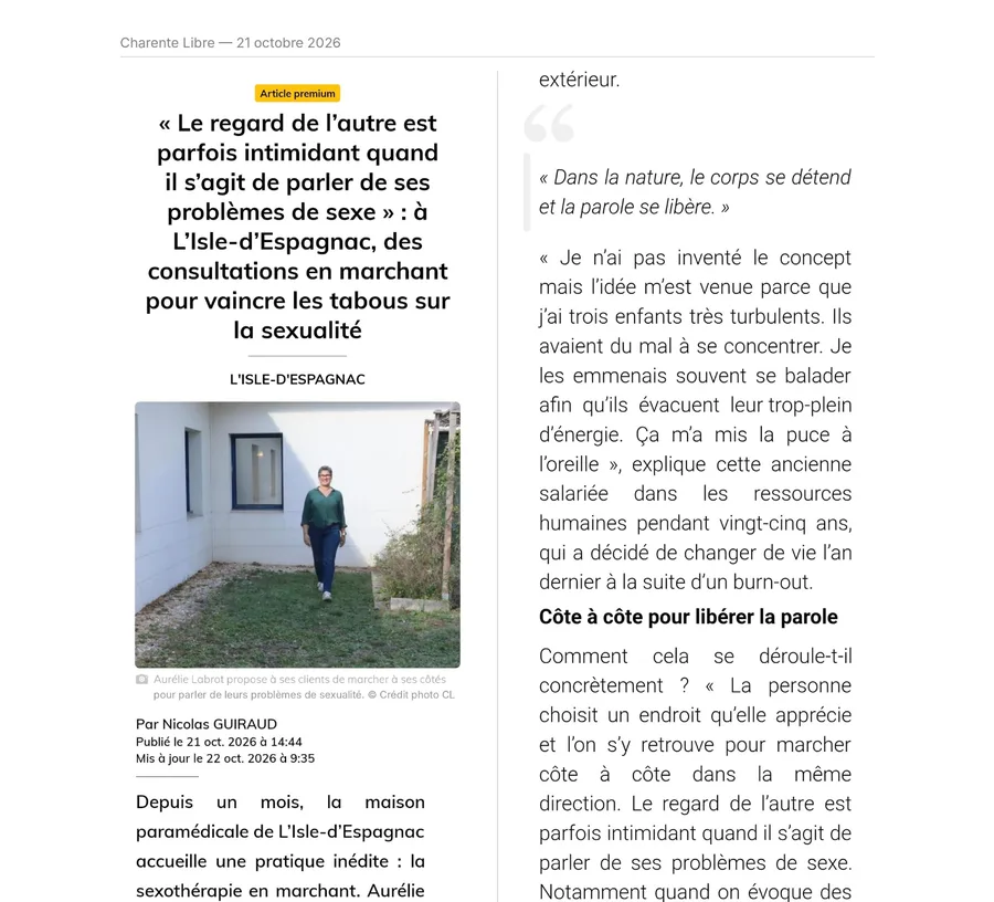 L’article de Charente Libre en ligne consacré à la sexothérapie en marchant