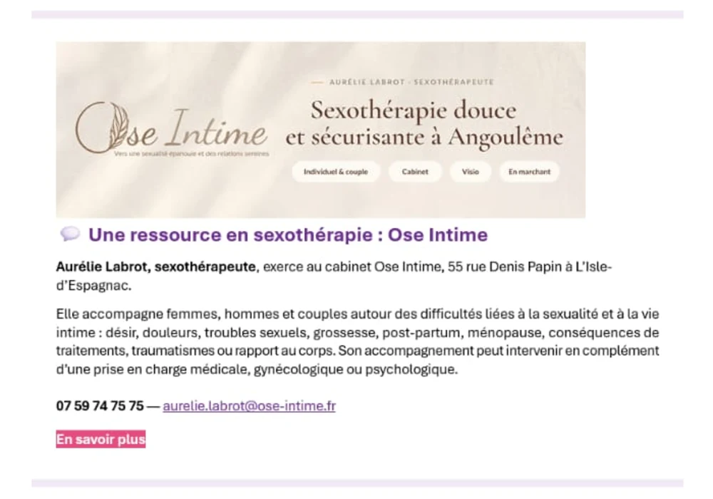 L’encart consacré à Ose Intime dans la newsletter de la MSP Sud Angoumois
